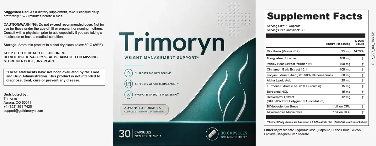Trimoryn Supplement Facts label showing all ingredients and doses